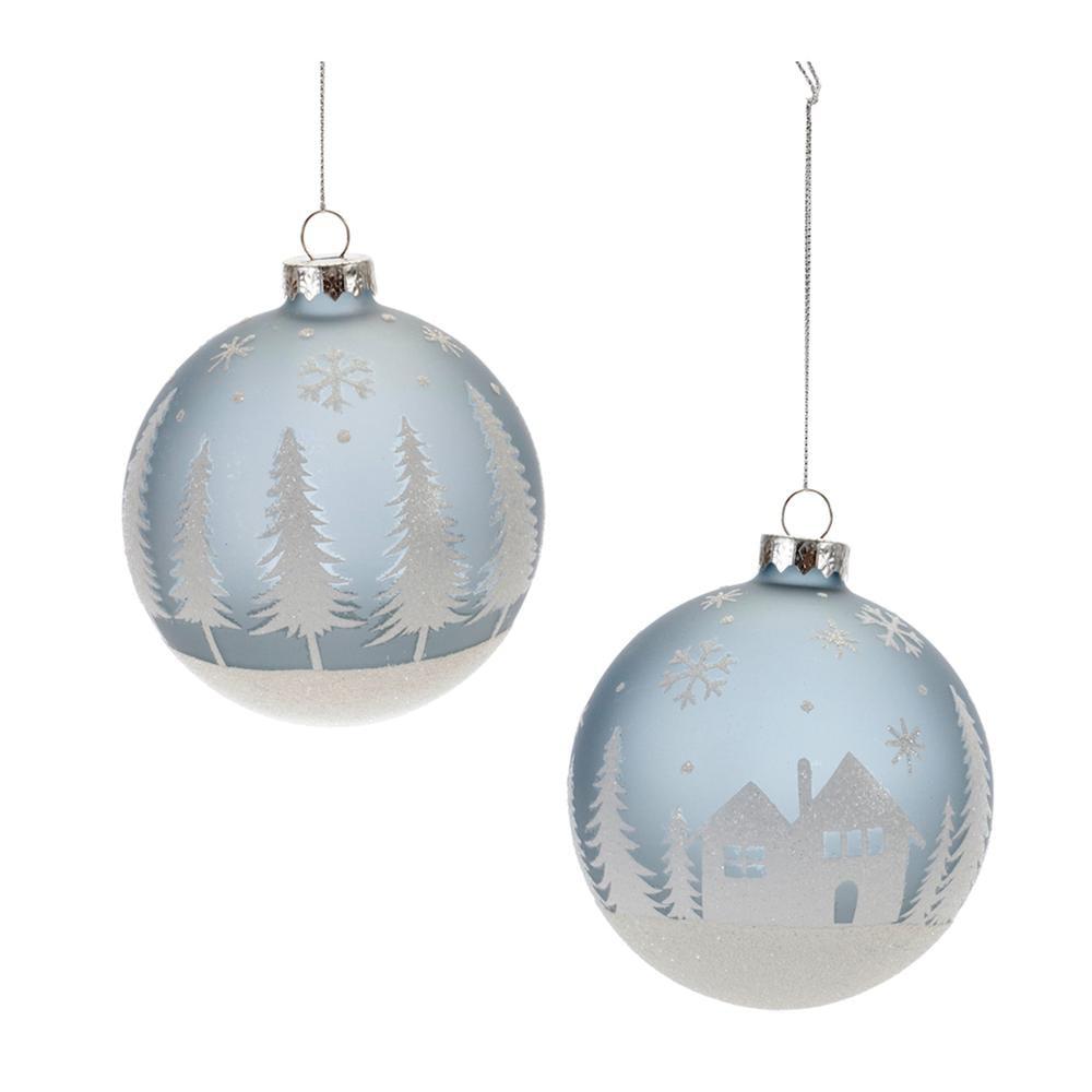 Wintry Blue and White Glass Pine Tree Ball Ornaments Set