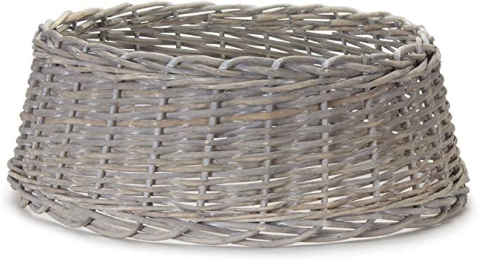 Chic Round Grey & White Rattan Tree Stand Basket with Storage