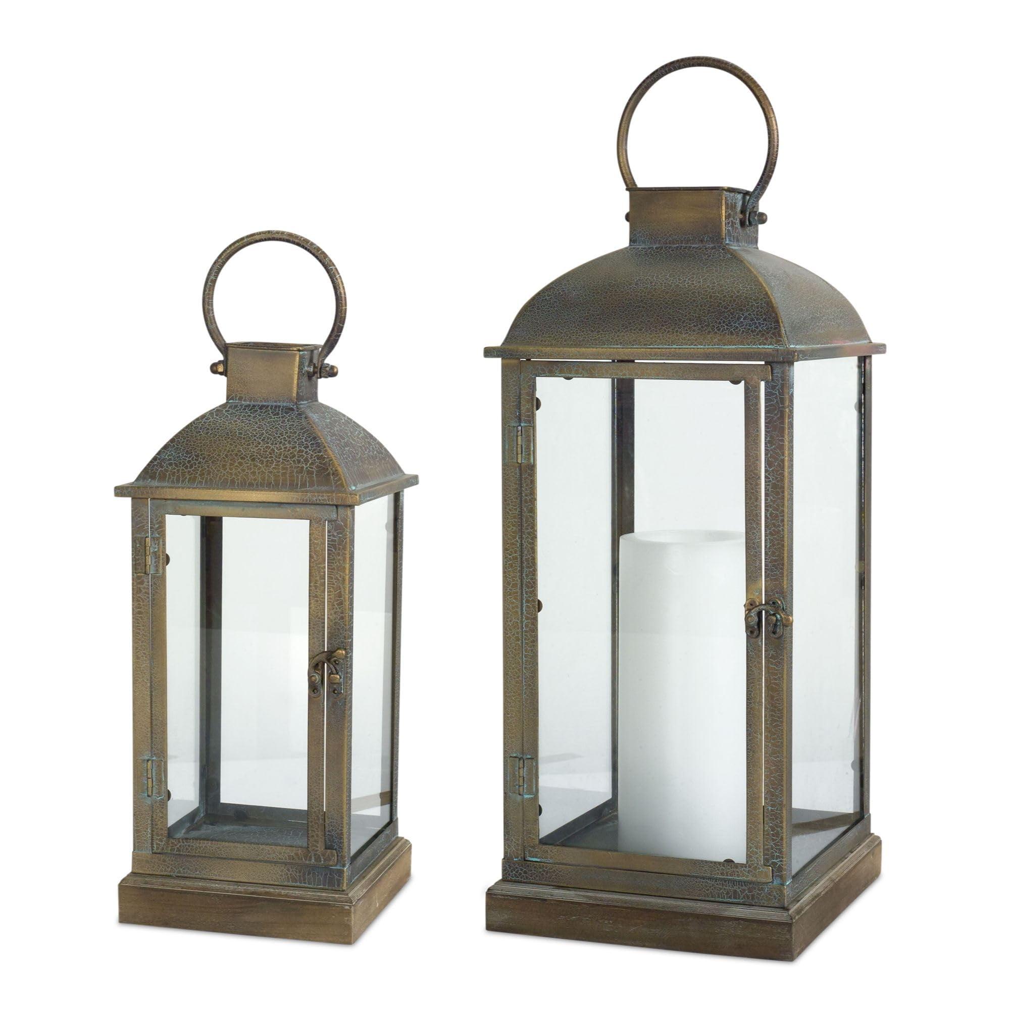 Gold Brushed Metal and Glass Hanging Lantern Set