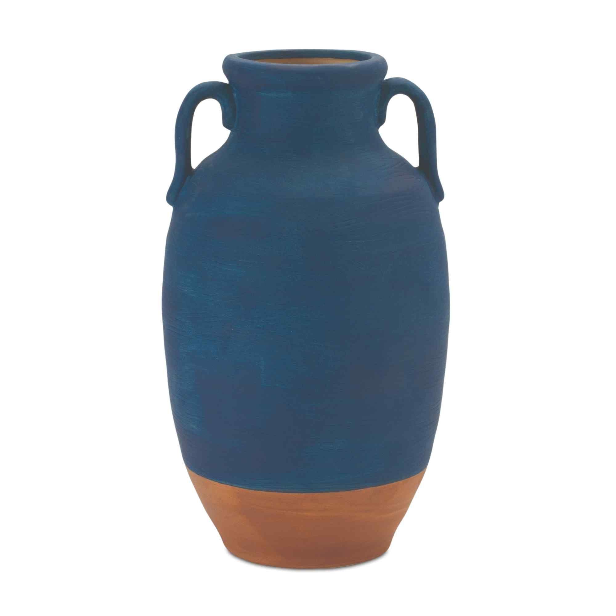 Navy Blue Ceramic Urn Vase with Terracotta Accent 10.5"H