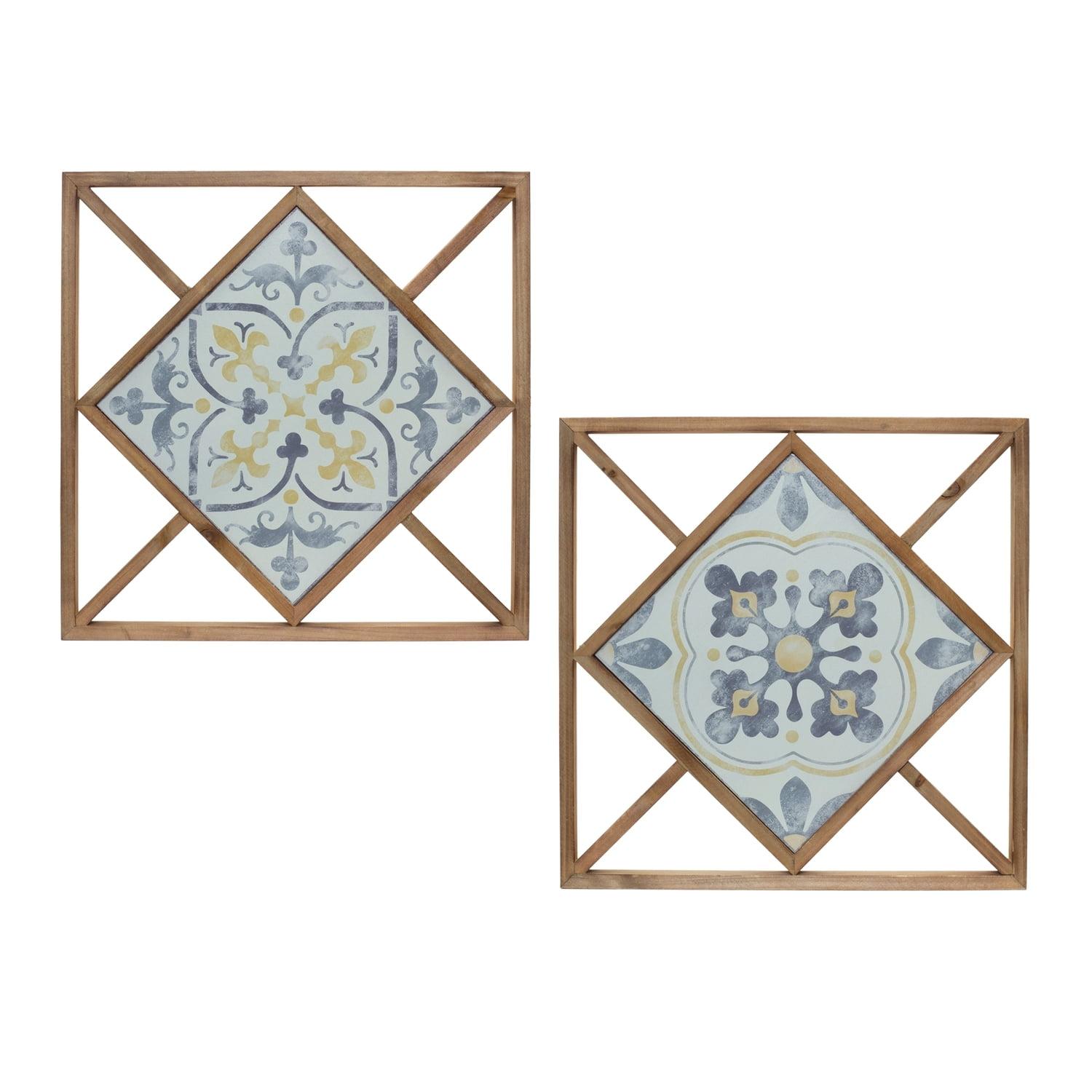 14.25" Brown and Blue MDF Metal Ornamental Wall Tiles, Set of 2