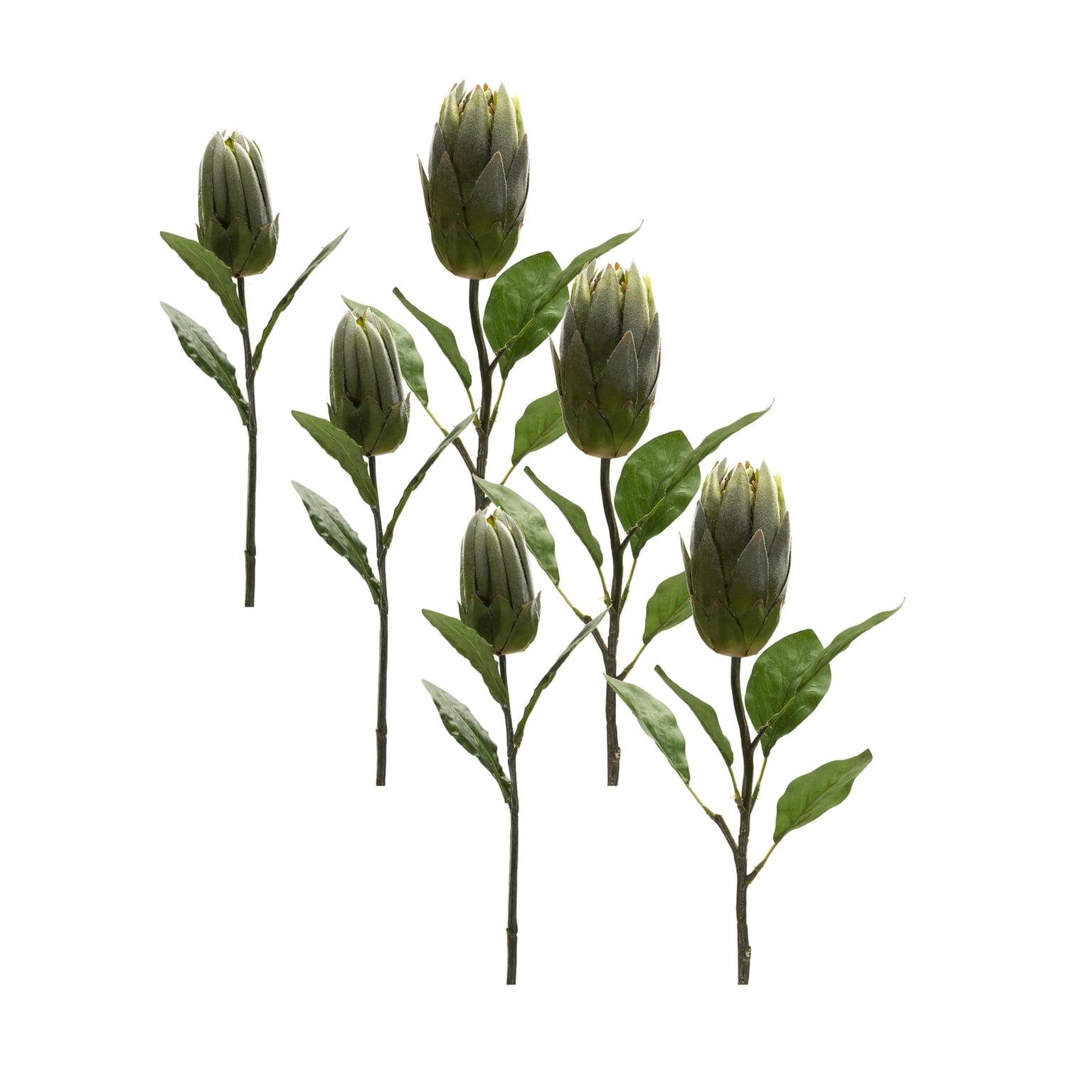 Green Polyester Protea Leaf Stem Set of 6