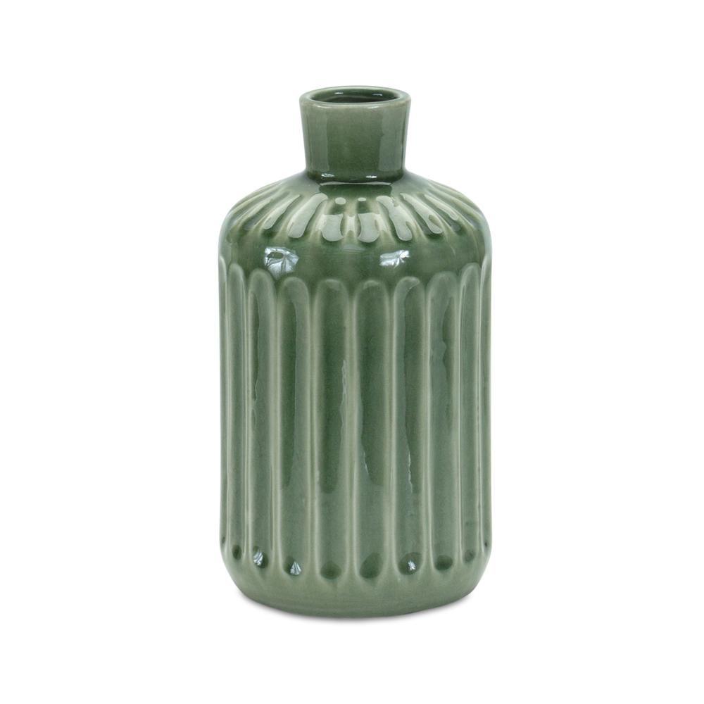 Melrose Green Ribbed Terracotta Vase 9"H