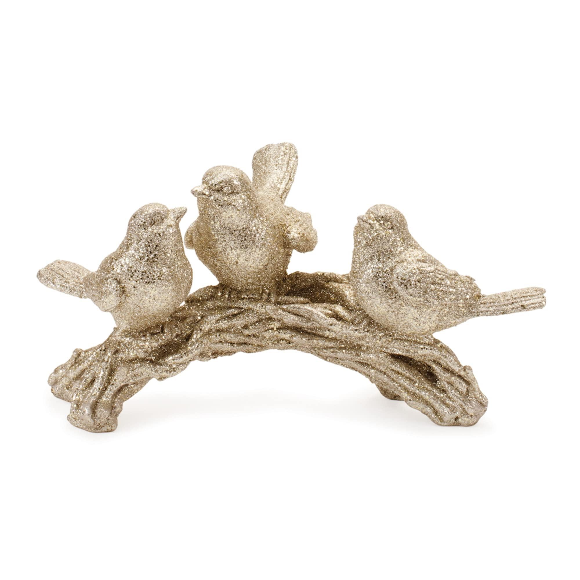 Glittered Gold Resin Winter Birds on Branch Figurine