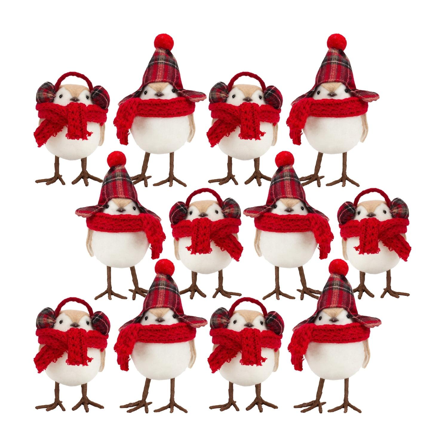 Set of 12 Red Scarf and Hat Bird Christmas Figurines