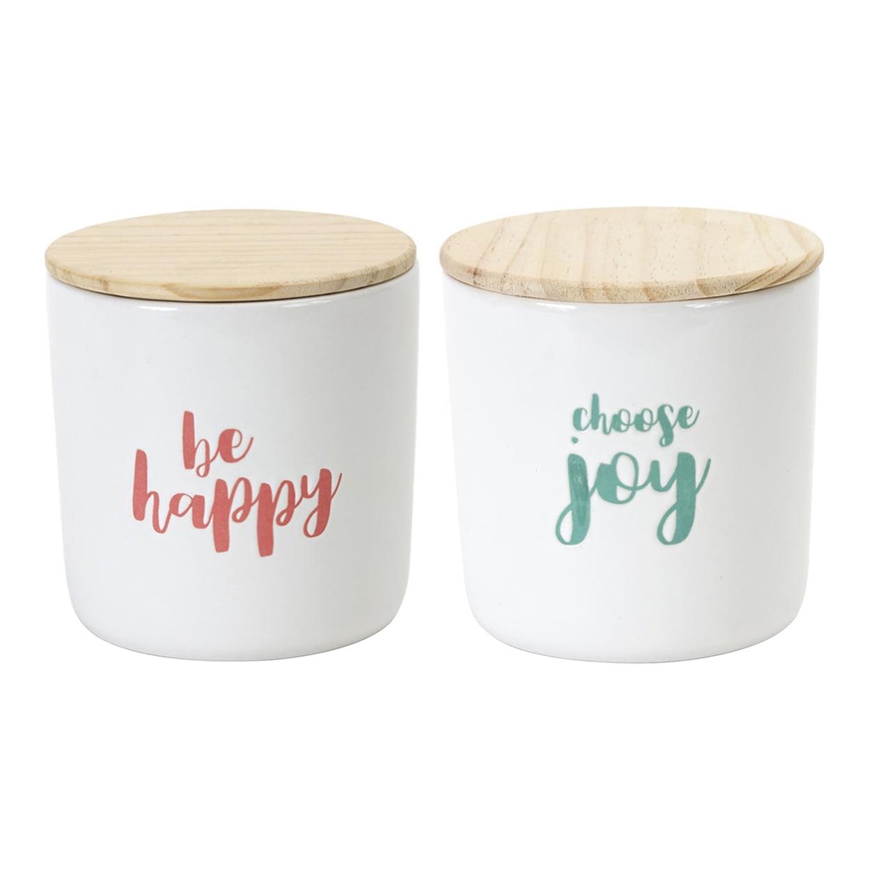 White Ceramic Sentiment Canisters with Wooden Lids, Set of 2