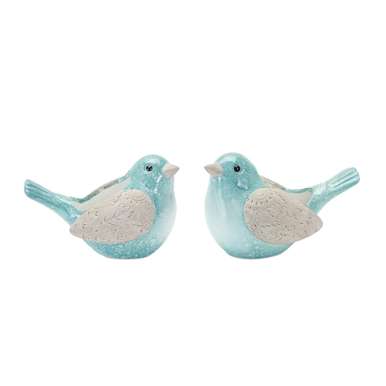 Whimsical Blue Terra Cotta Bird Planter Set with Butterfly Accents