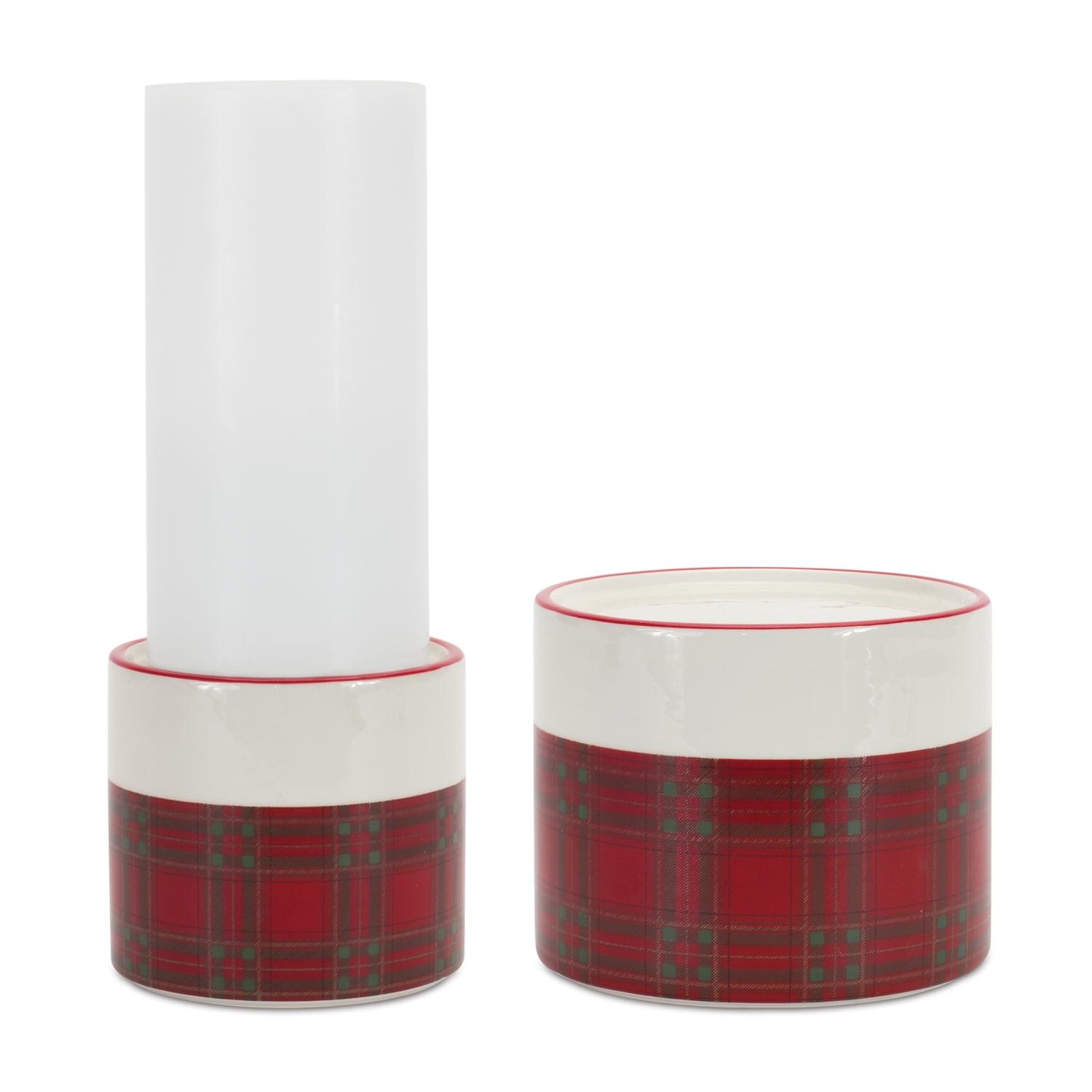 Winter Plaid Ceramic Tabletop Candle Holder Set, Red/Black