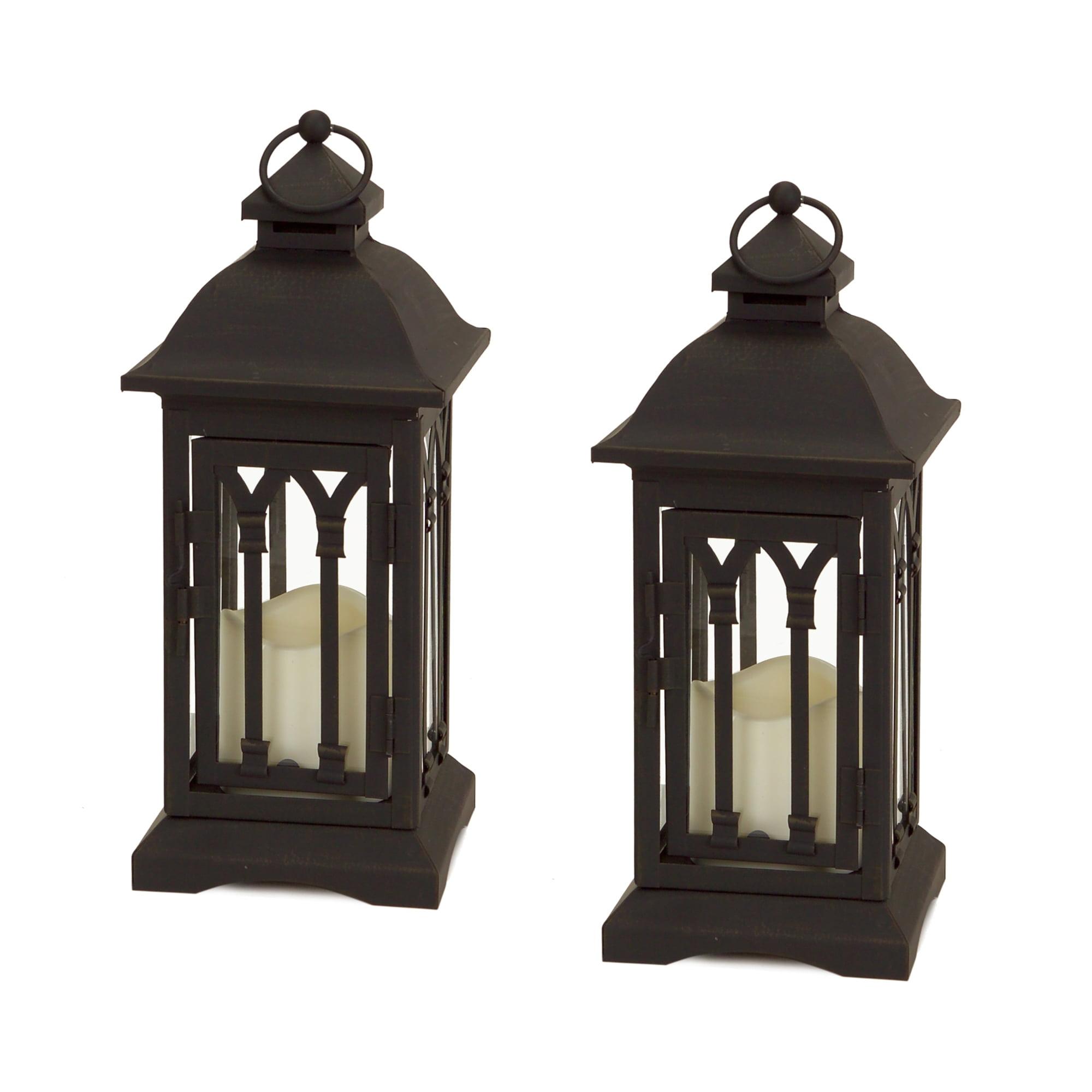 Elegant Black Metal LED Pillar Lantern - Set of 2