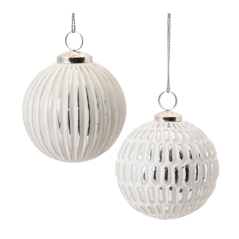 Melrose Frosted White and Silver Glass Ball Ornaments Set of 6