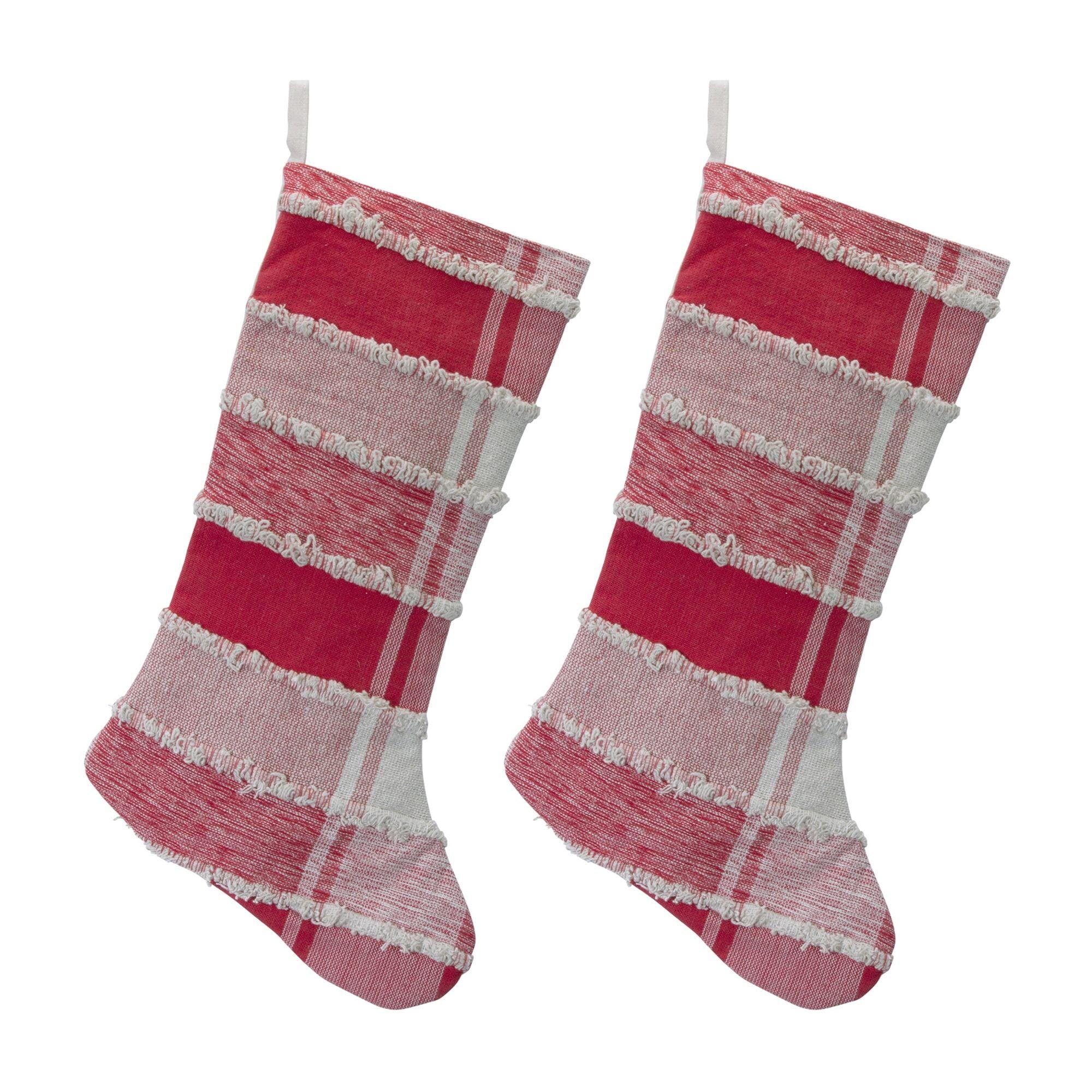 Red and White Cotton Plaid Christmas Stockings Set of 2