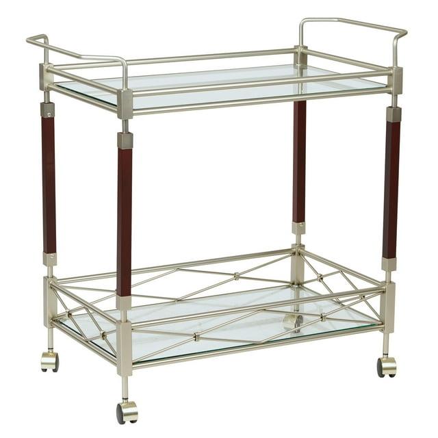 Melrose Serving Cart with Clear Tempered Glass and Nickel Brush Metal Frame