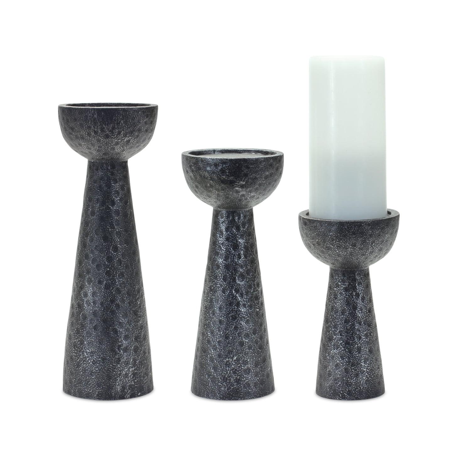 Black Hammered Design Polyresin Candle Holders Set of 3