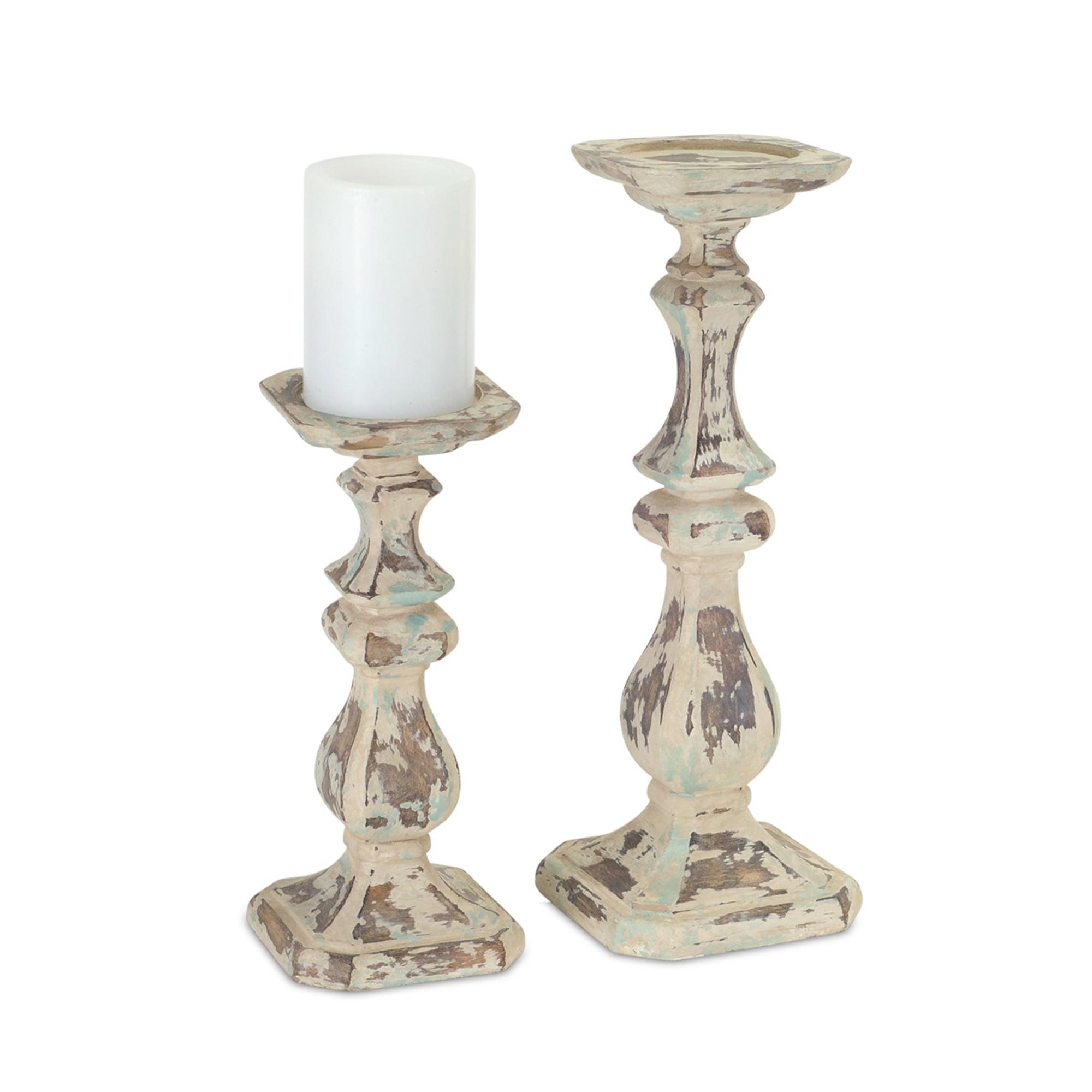 Set of 2 Weathered Cream and Blue Pillar Candle Holders