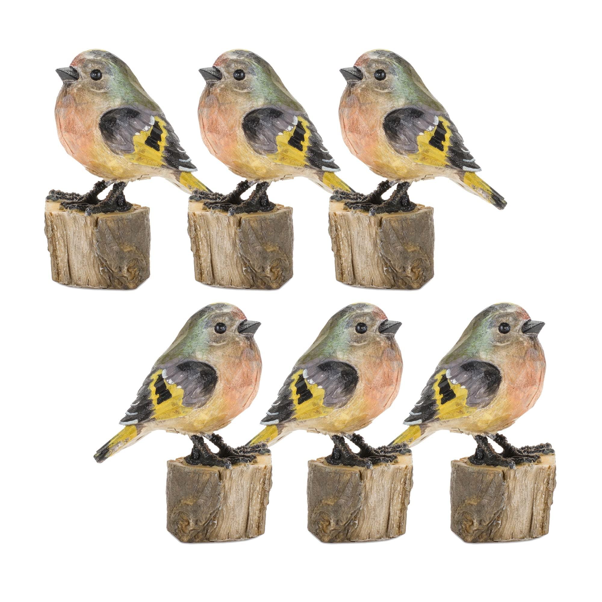 Set of 6 Gold and Brown Resin Bird Figurines on Stump