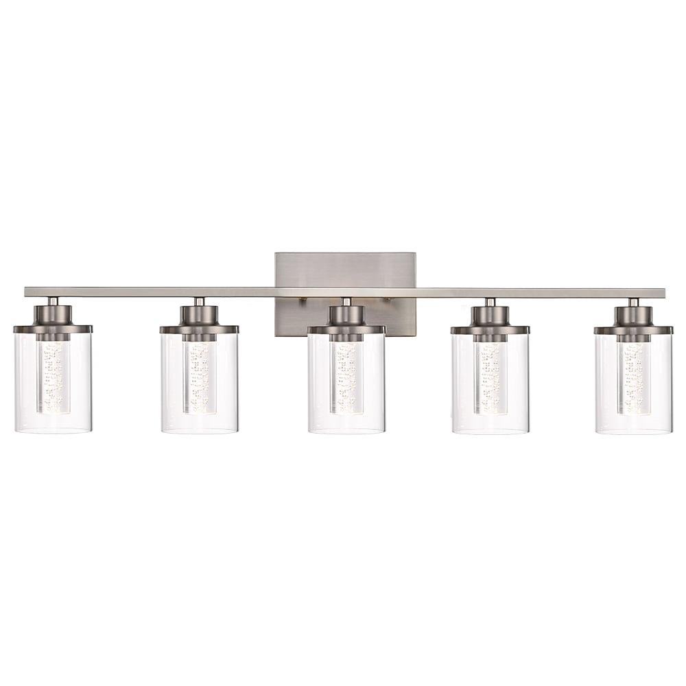 Melucee 5CCT Dimmable LED Brushed Nickel Vanity Lights 5-light, Modern Vanity Lighting Fixtures with Crystal Light Columns and Clear Glass for Bathroom Bedroom