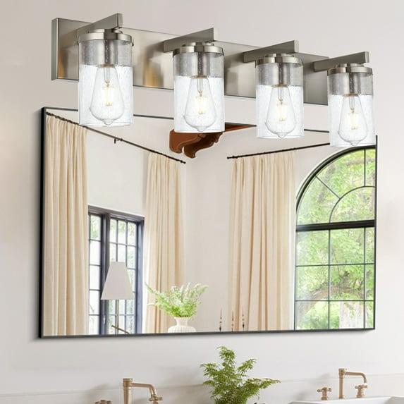 Melucee Brushed Nickel Industrial Bathroom Vanity Light Fixtures Over Mirror Seeded Glass 4 Lights Vintage Vanity Lights Farmhouse Bath Lighting