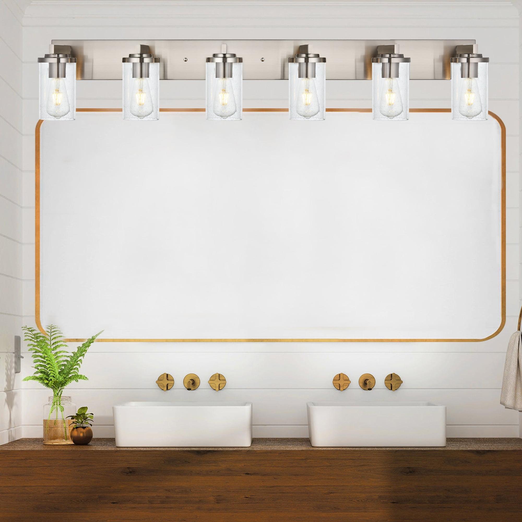 Melucee Brushed Nickel Industrial Bathroom Vanity Light Fixtures Over Mirror Seeded Glass 6 Lights Vintage Vanity Lights Farmhouse Bath Lighting