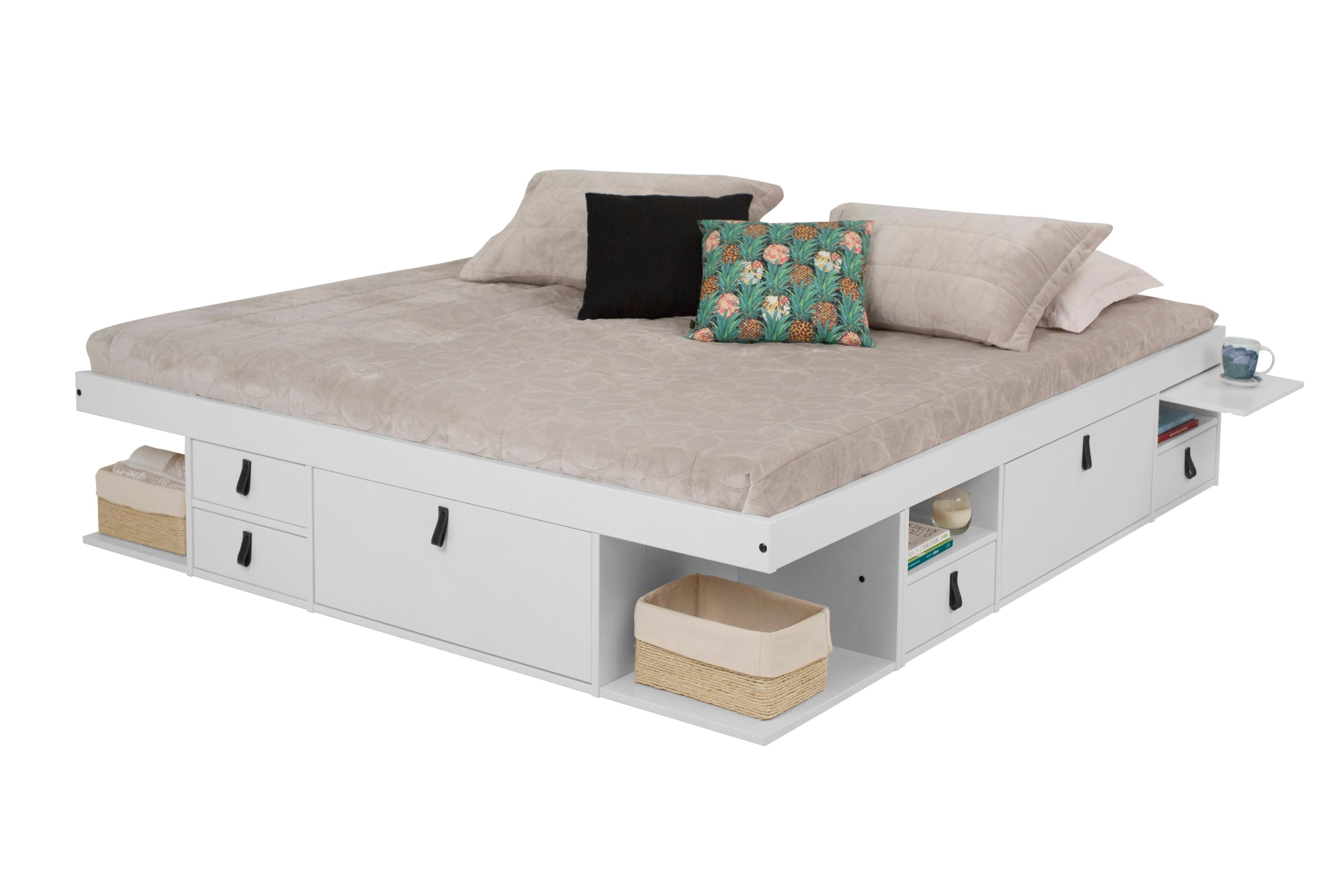 Memomad Bali Storage Platform Sturdy Bed Frame with Drawers & More (King Size, White Wood)