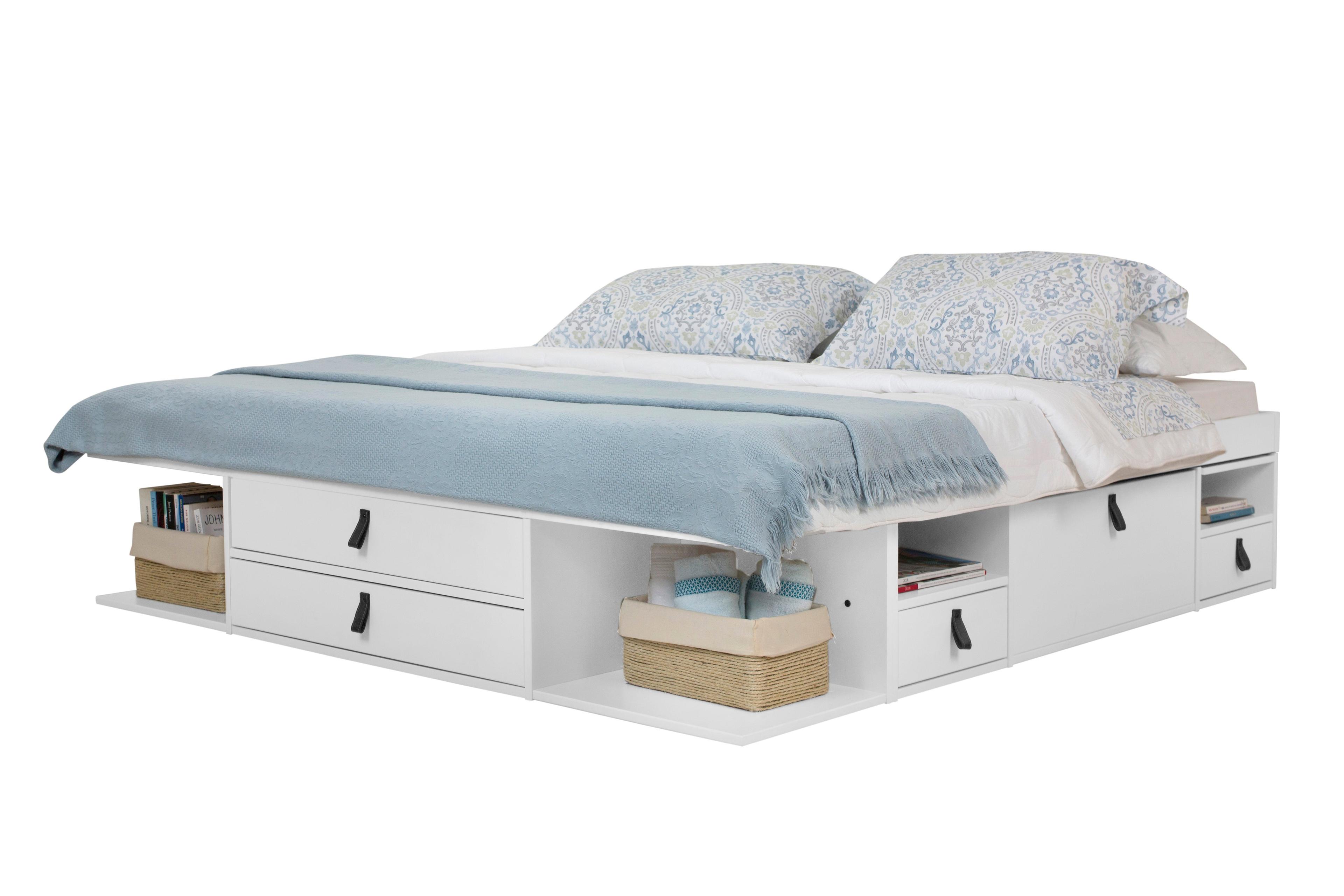 Memomad Bali Storage Platform Sturdy Bed Frame with Drawers & More (Queen Size, White Wood)