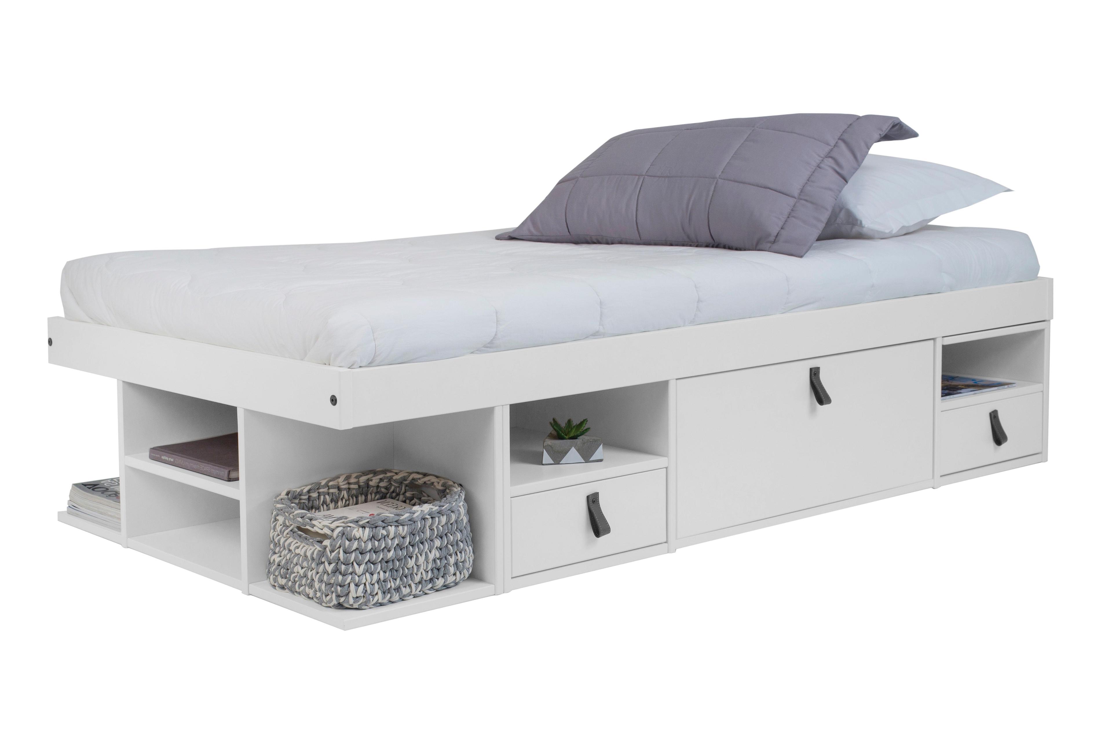 Modern Matte White Twin Platform Bed with Storage and Drawers