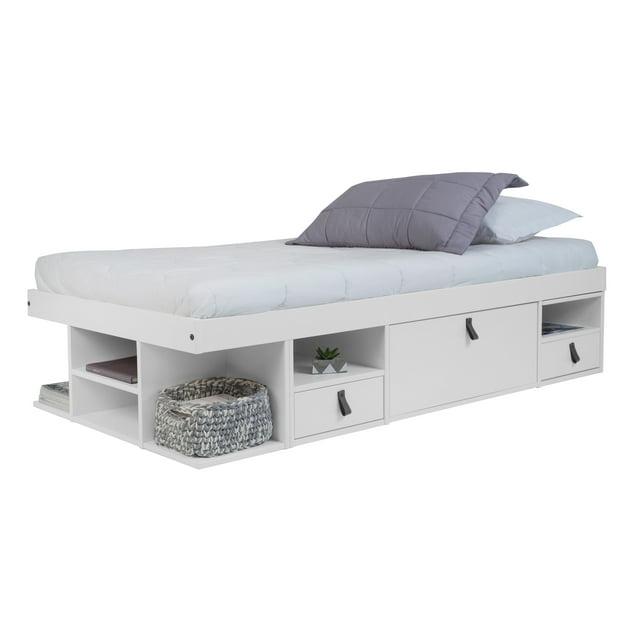 Memomad Bali Storage Platform Sturdy Bed Frame with Drawers and More (White Wood Twin Size)