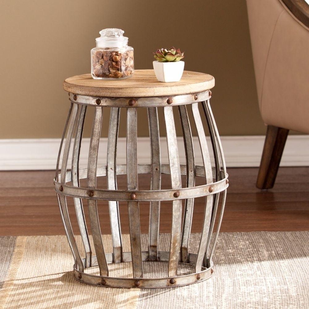 Rustic Farmhouse Round Wood & Metal Barrel Accent Table