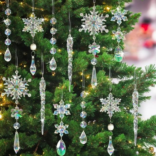 Meottam 18 Pieces Christmas Tree Ornaments - Hanging Acrylic Snowflake Icicle Drop Hanging Ornaments for Party Decor Christmas Wedding Birthday Winter Decor (Iridescent)