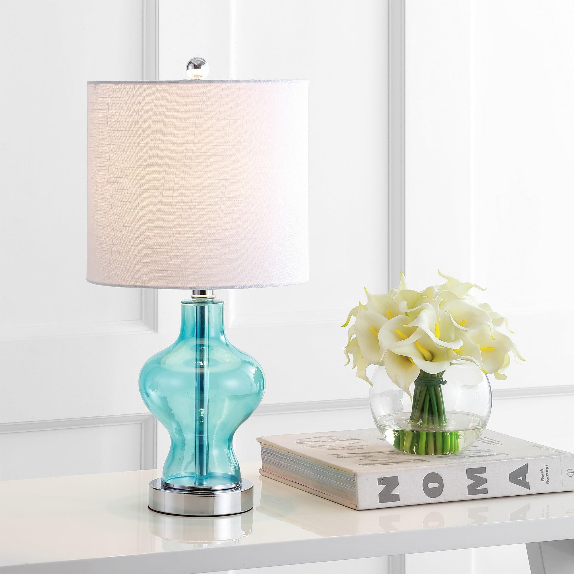 Aqua Glass and Metal LED Table Lamp with White Drum Shade