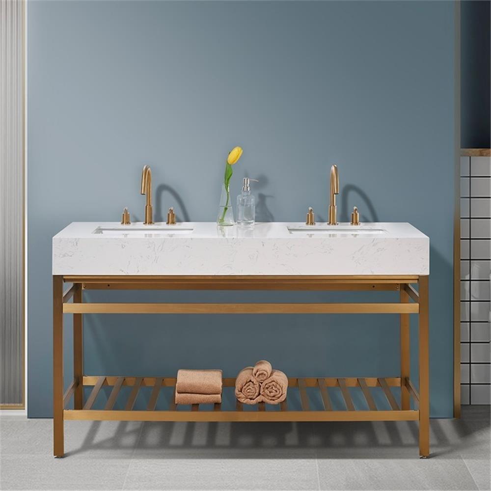 Merano 60" Double Stainless Steel Vanity Console in Brushed Gold with Aosta White Stone Countertop without Mirror