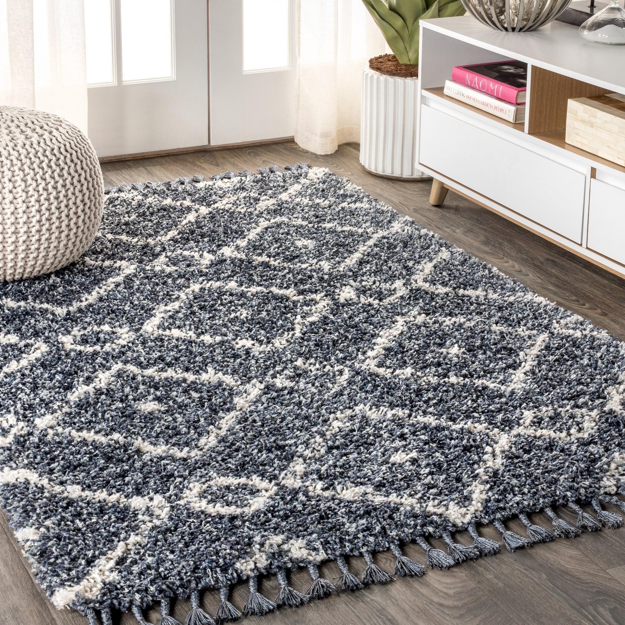 Denim Blue and Cream Geometric Shag Area Rug with Tassels, 5x8