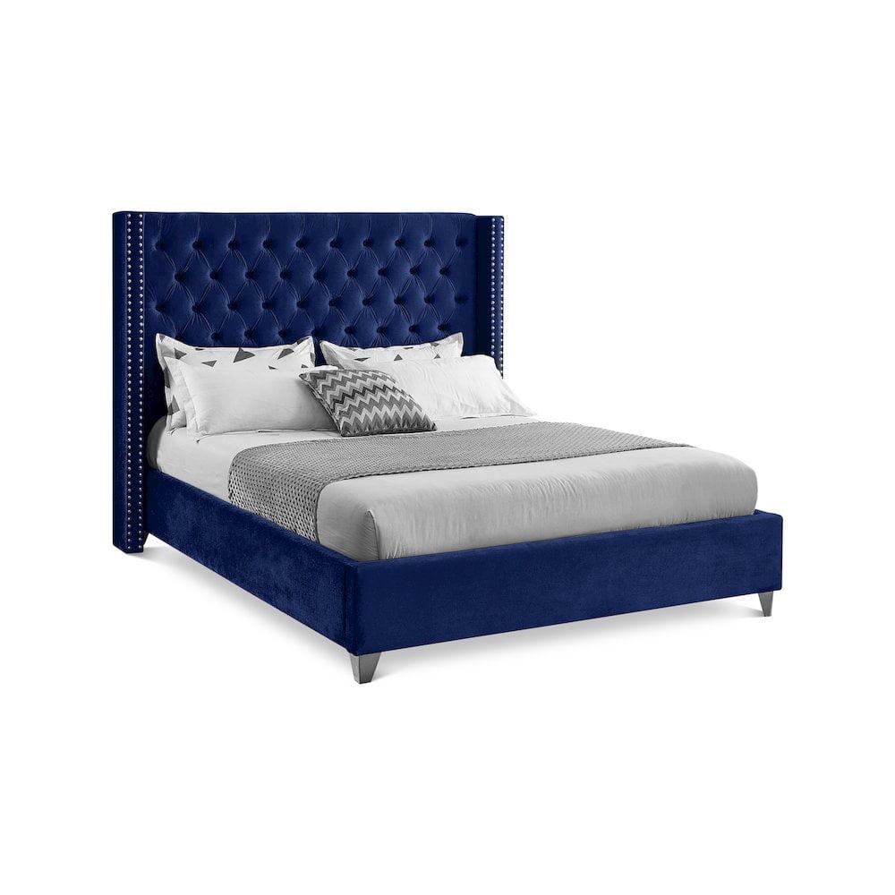 Meridian Furniture Aiden Velvet Queen Bed-Color:Navy Velvet,Style:Contemporary