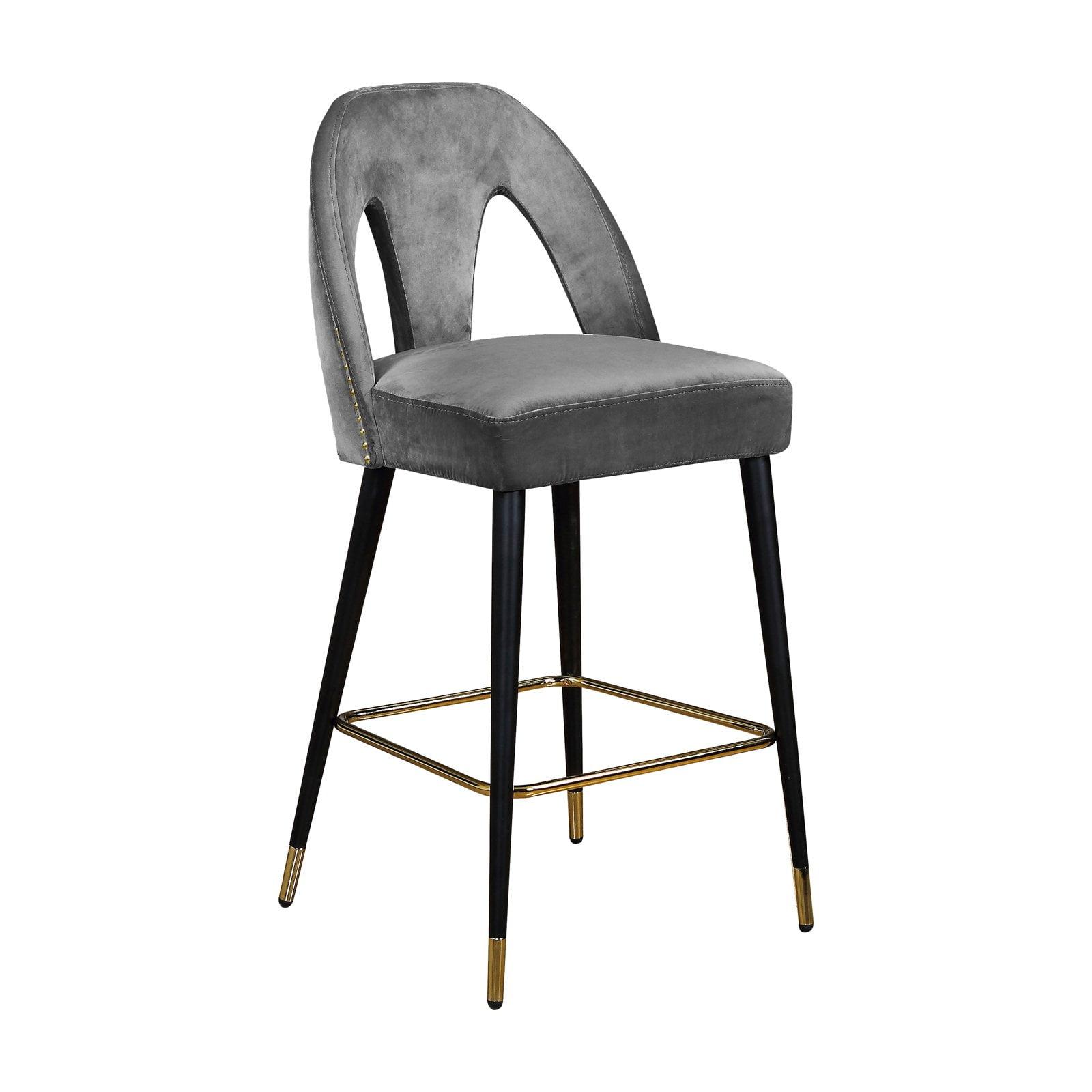 Elegant 41" Grey Velvet and Metal Counter Stool with Gold Accents