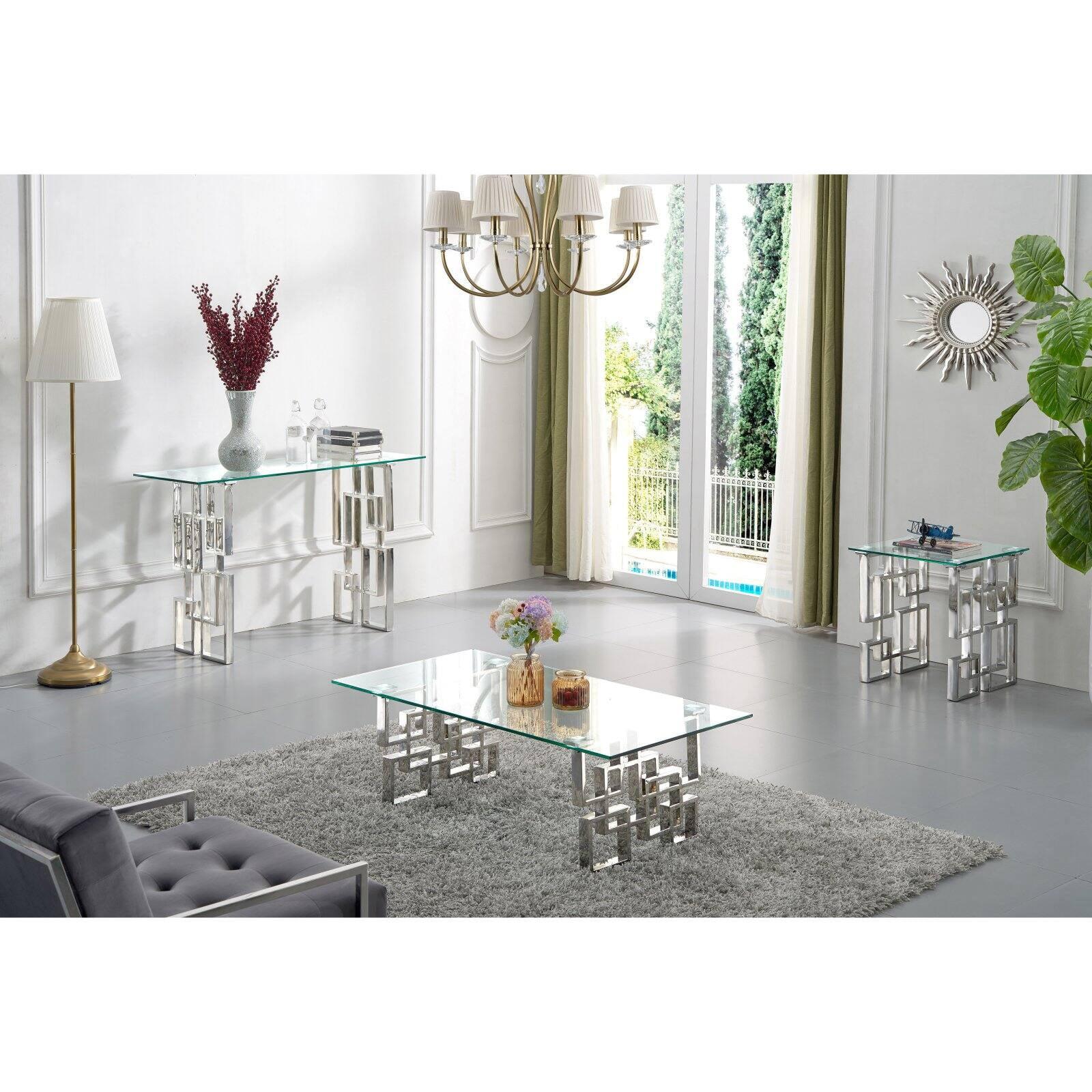 Chrome Geometric Base Glass Top Rectangular Accent Table