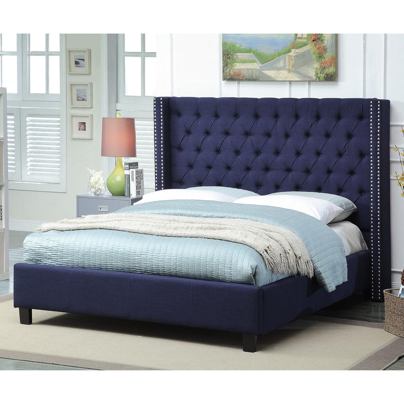 Navy Linen Tufted Wingback King Bed with Chrome Nailhead Trim