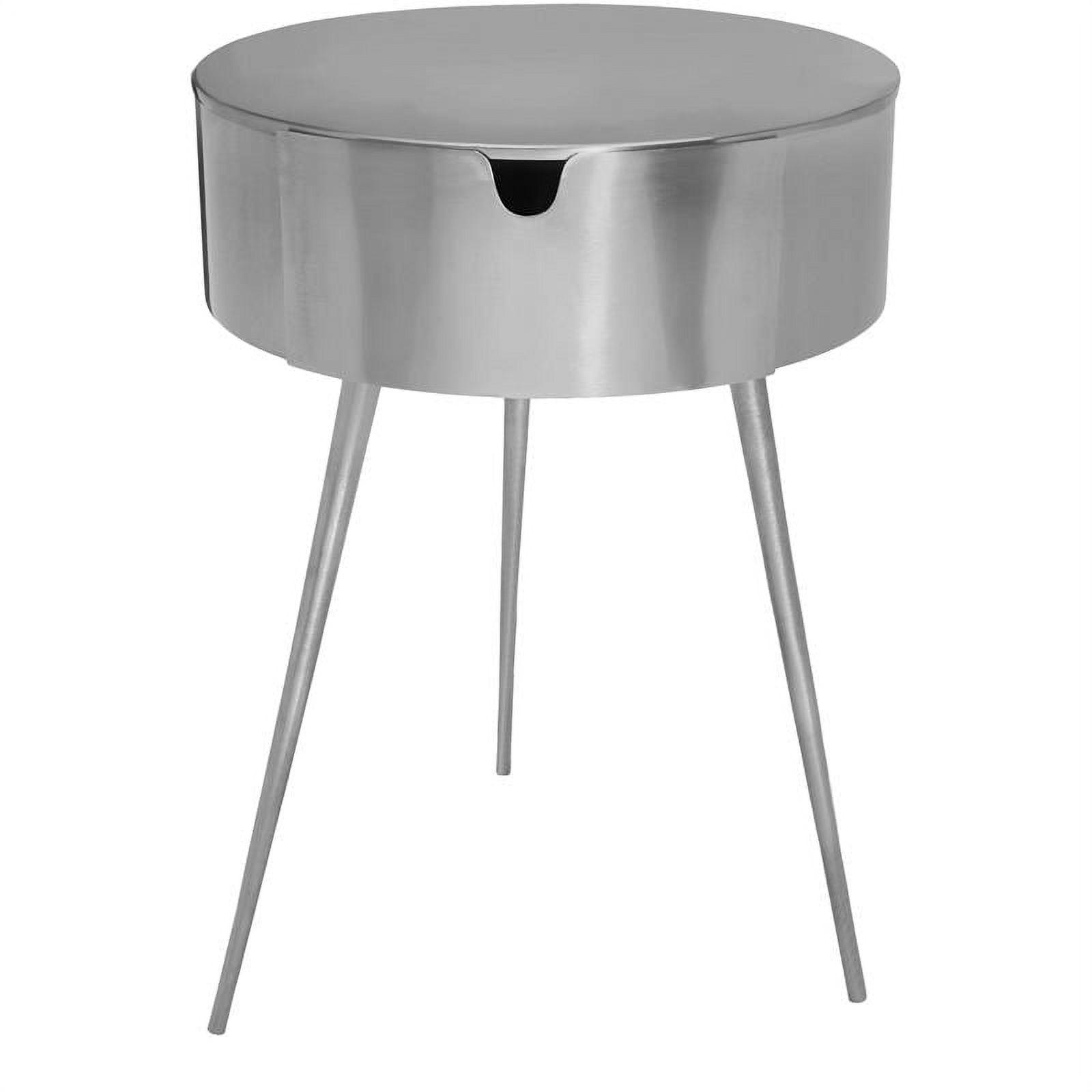 Silver Brushed Metal Round Nightstand with Drawer