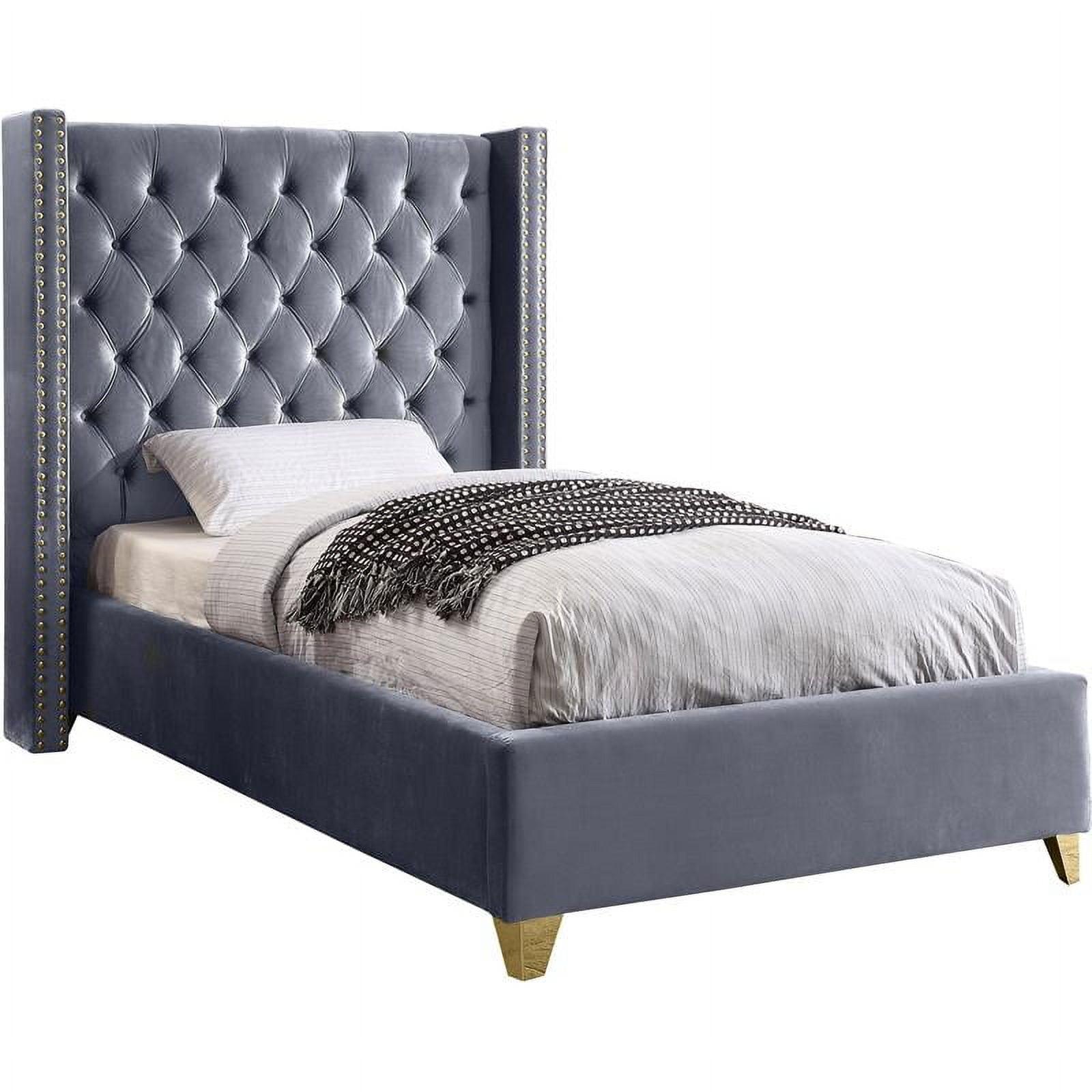 Gray Velvet Twin Bed with Tufted Upholstered Headboard