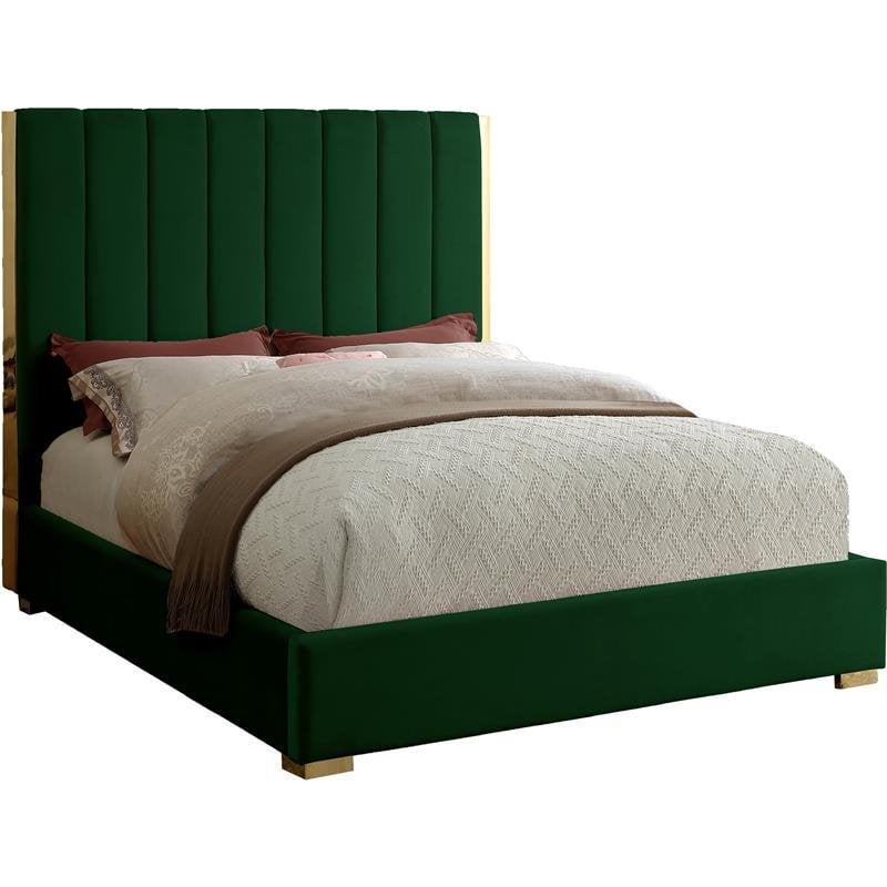 Elegant Becca Green Velvet Queen Bed with Polished Gold Frame