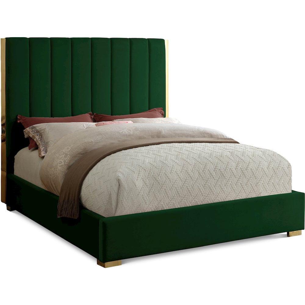 Meridian Furniture Becca Metal and Velvet Queen Bed in Green