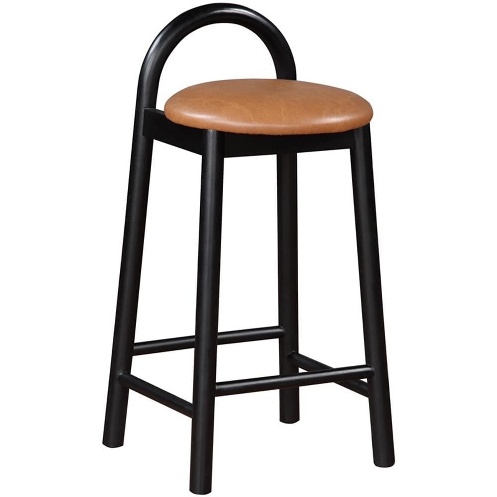 Calvin Black Wood Frame Stool with Cognac Vegan Leather Seat