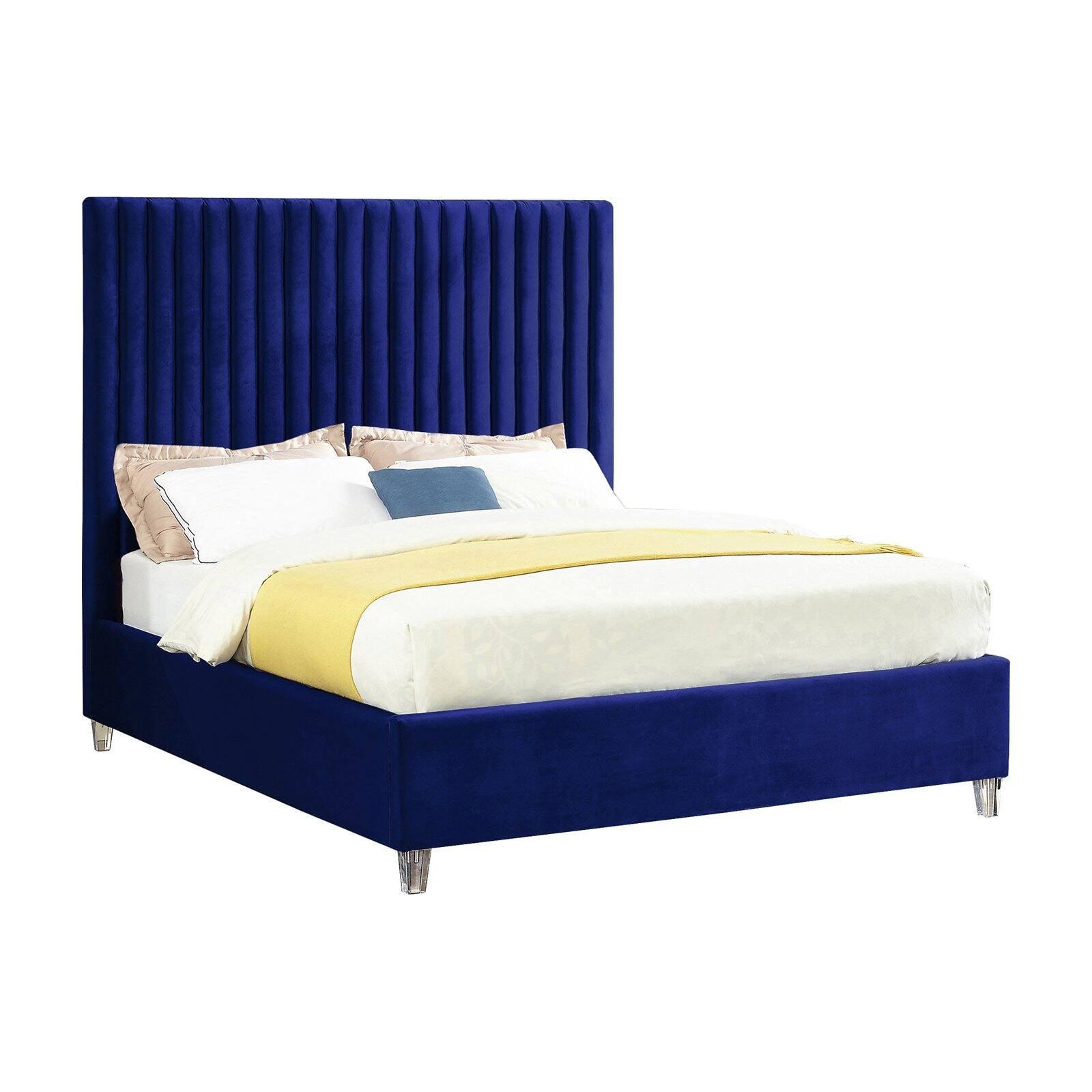 Meridian Furniture Candace Solid Wood Tufted Velvet King Bed in Navy