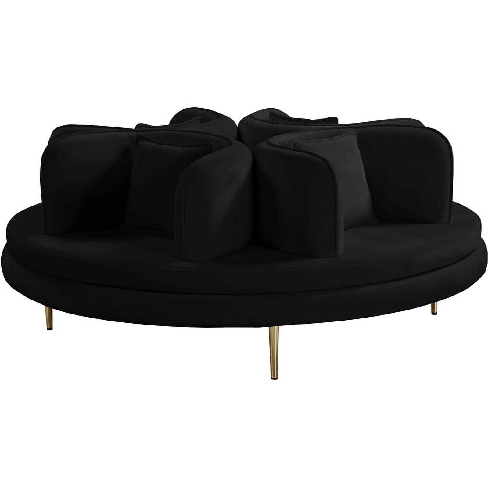 Meridian Furniture Circlet Roundabout Sofa with Pillows, Black Velvet and Gold Iron Legs