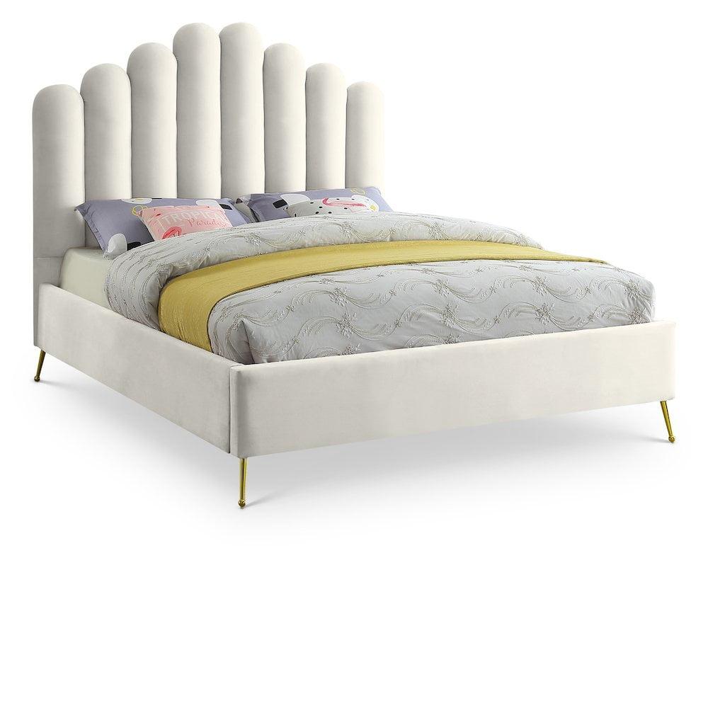 Meridian Furniture Contemporary Velvet Upholstered Platform Bed with Sturdy Gold Steel Legs and Deep Channel Tufted Headboard