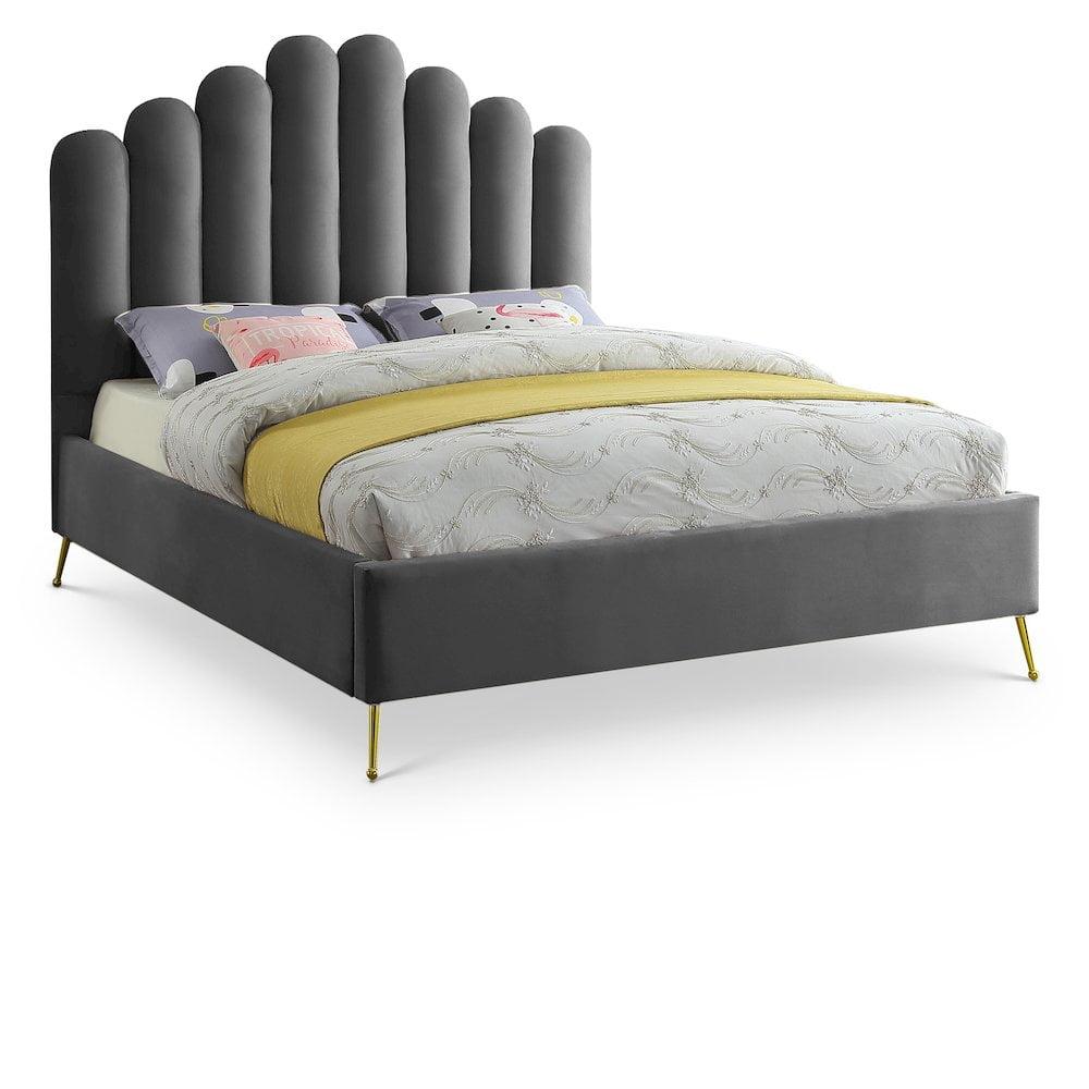 Meridian Furniture Contemporary Velvet Upholstered Platform Bed with Sturdy Gold Steel Legs and Deep Channel Tufted Headboard
