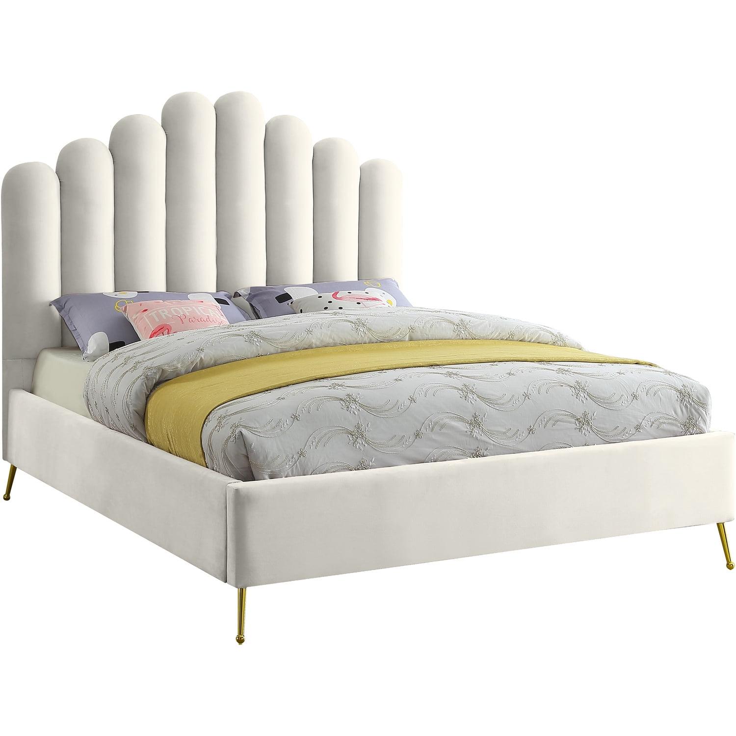 Meridian Furniture Contemporary Velvet Upholstered Platform Bed with Sturdy Gold Steel Legs and Deep Channel Tufted Headboard