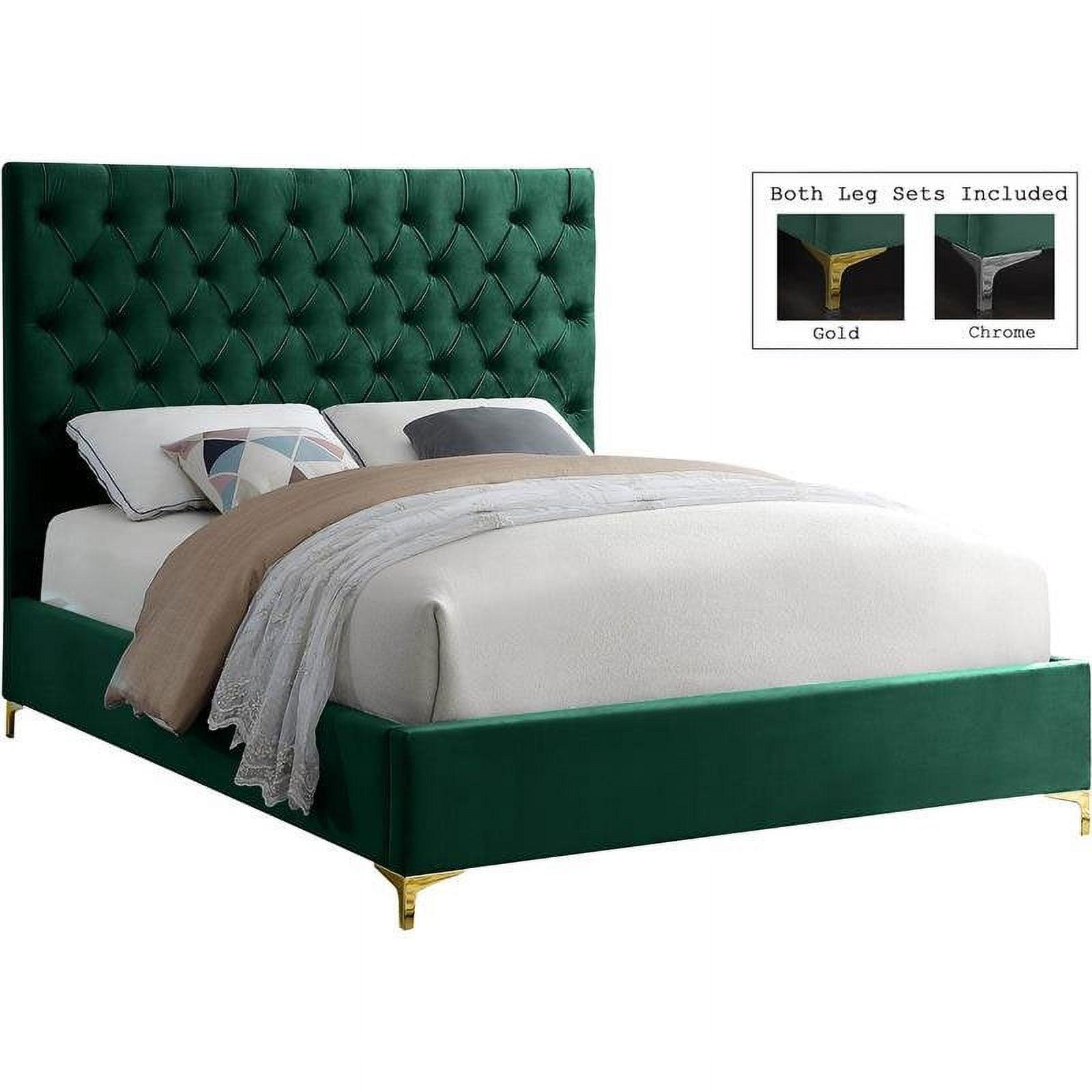 Luxurious Green Velvet King Bed with Tufted Upholstered Headboard