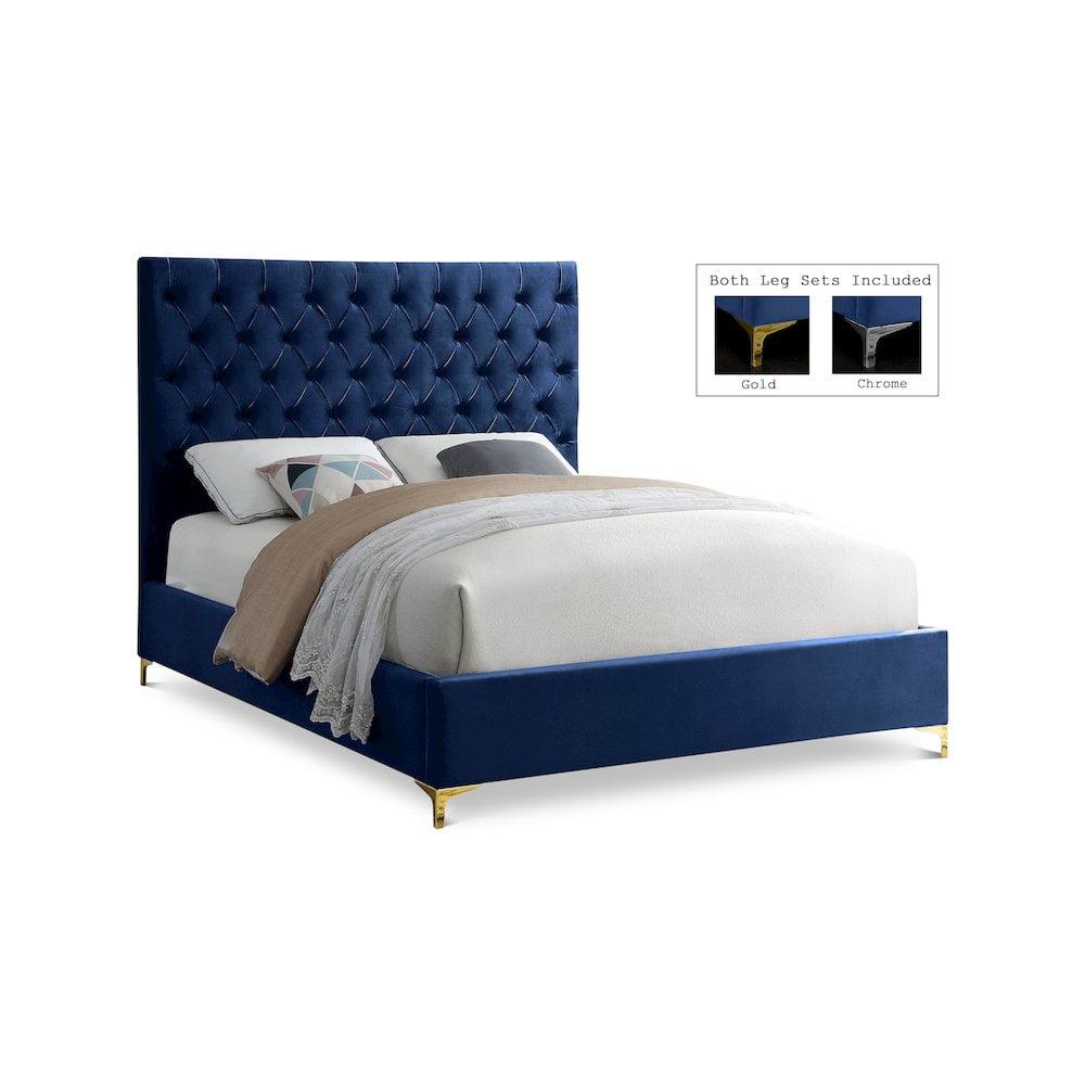 Meridian Furniture Cruz Solid Wood Tufted Velvet Queen Bed in Navy
