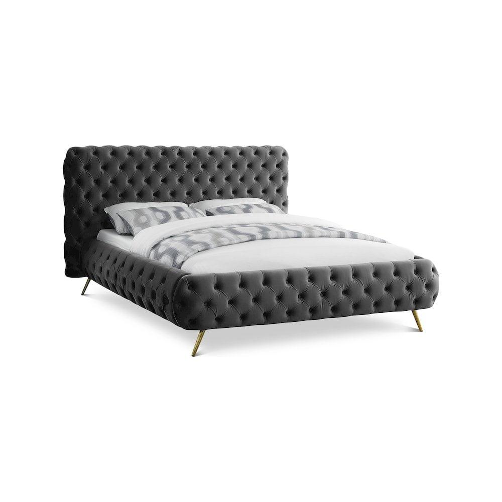 Meridian Furniture Delano Solid Wood Tufted Velvet King Bed in Gray
