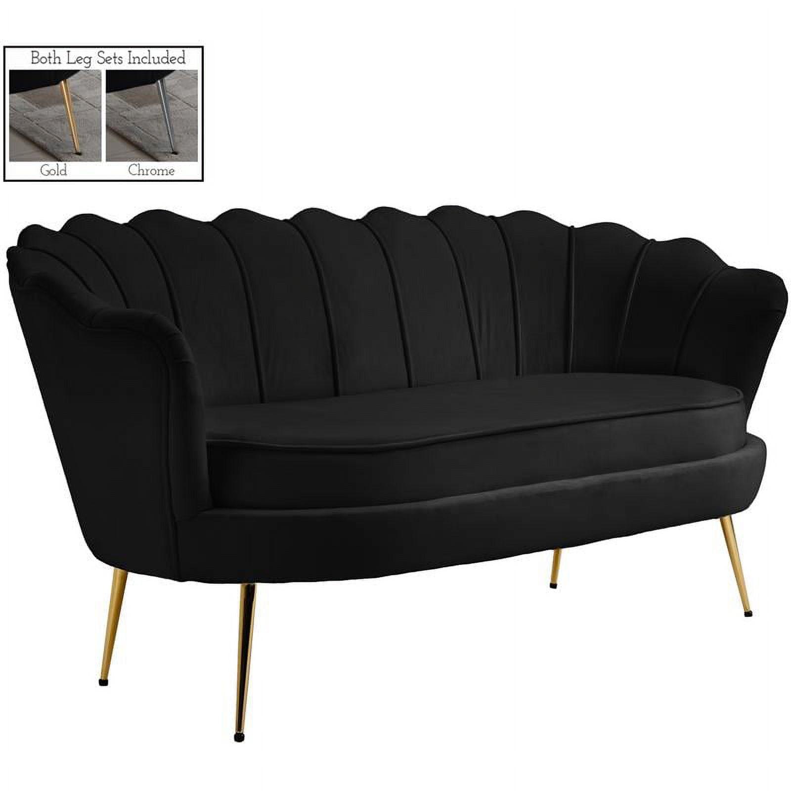 Elegant Shell-Back 60'' Black Velvet Tufted Loveseat with Gold Chrome Legs