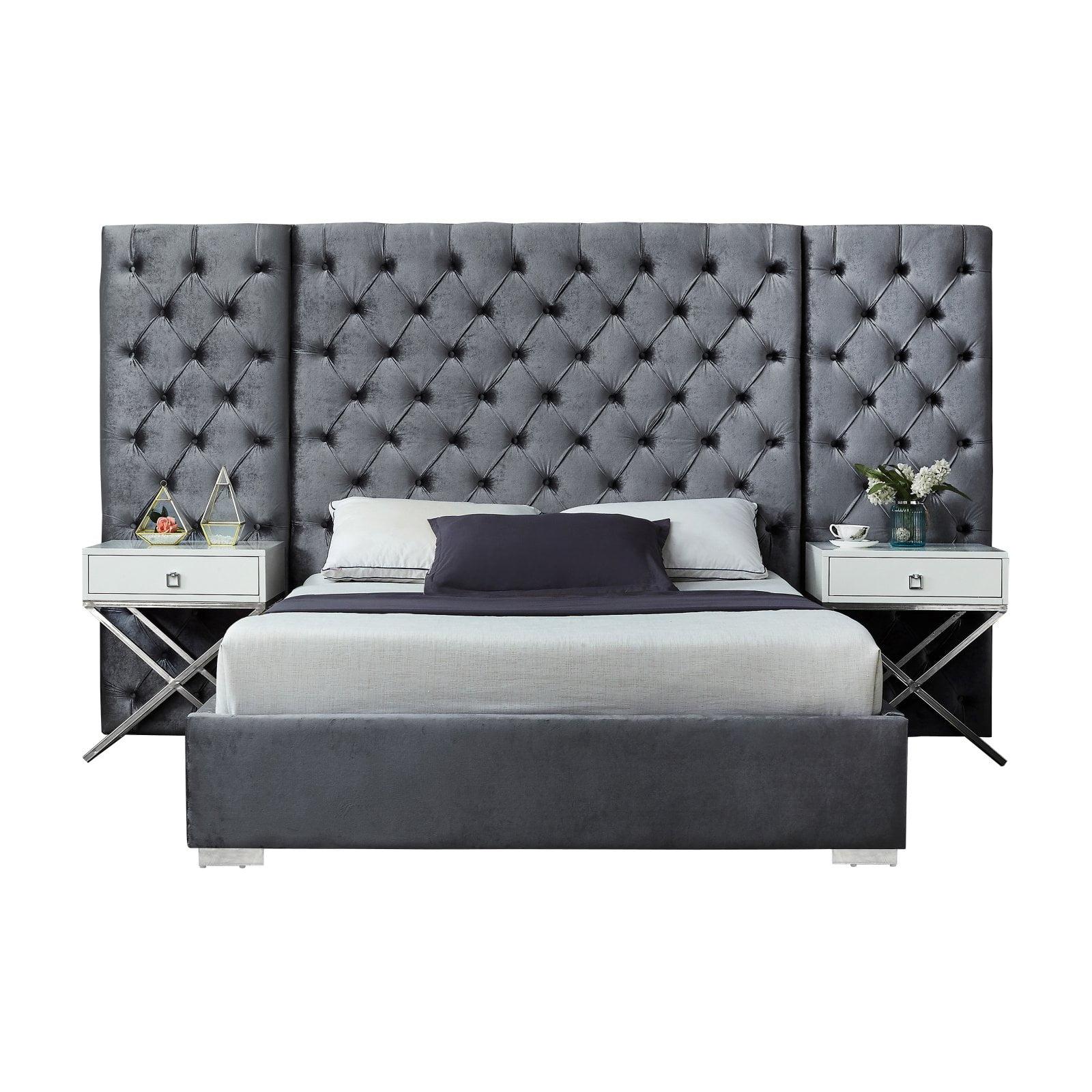 Regal Grande Grey Velvet Tufted King Bed with Chrome Legs